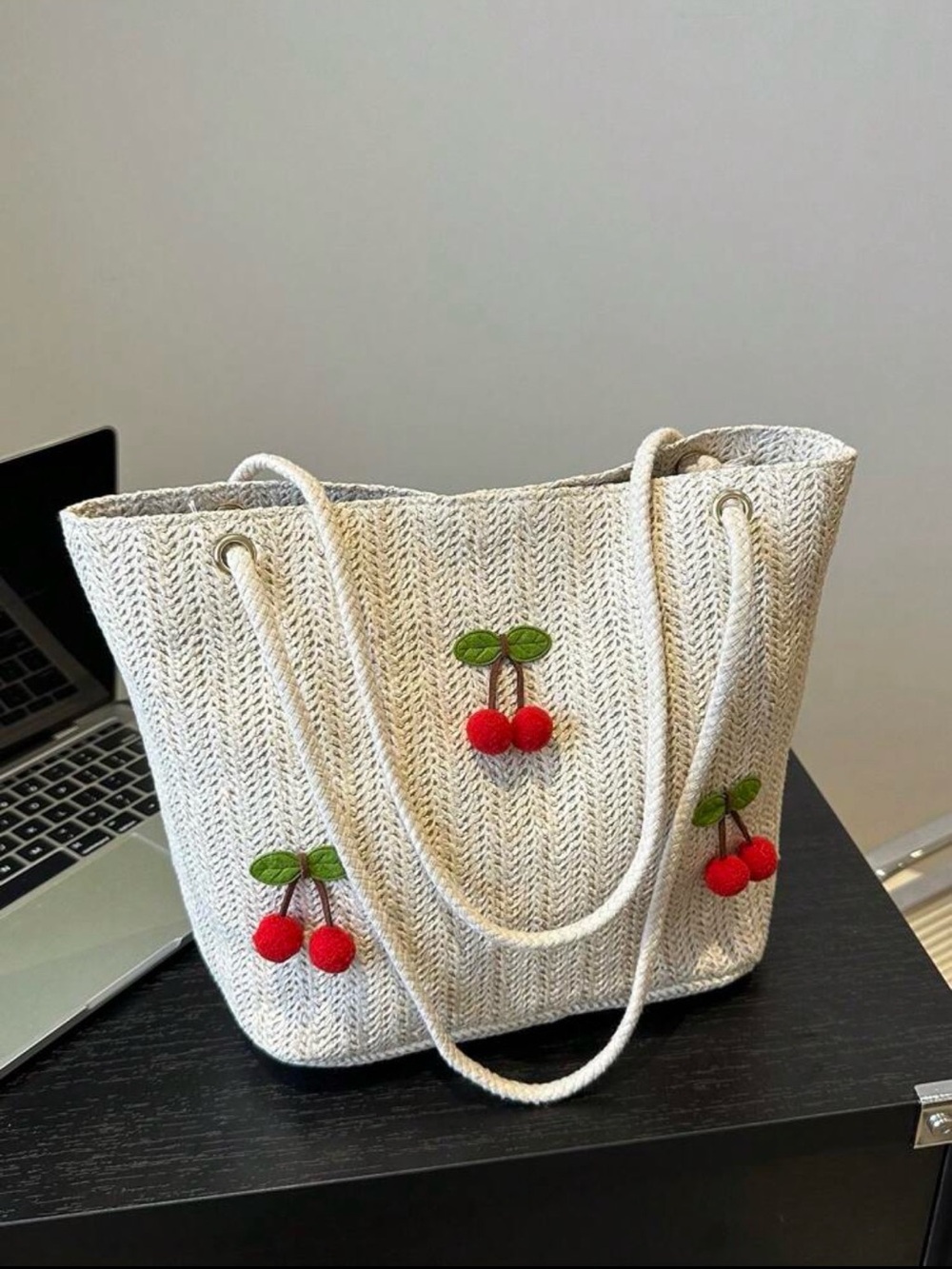 Straw Cherry Embroidered Tote Bag in Natural